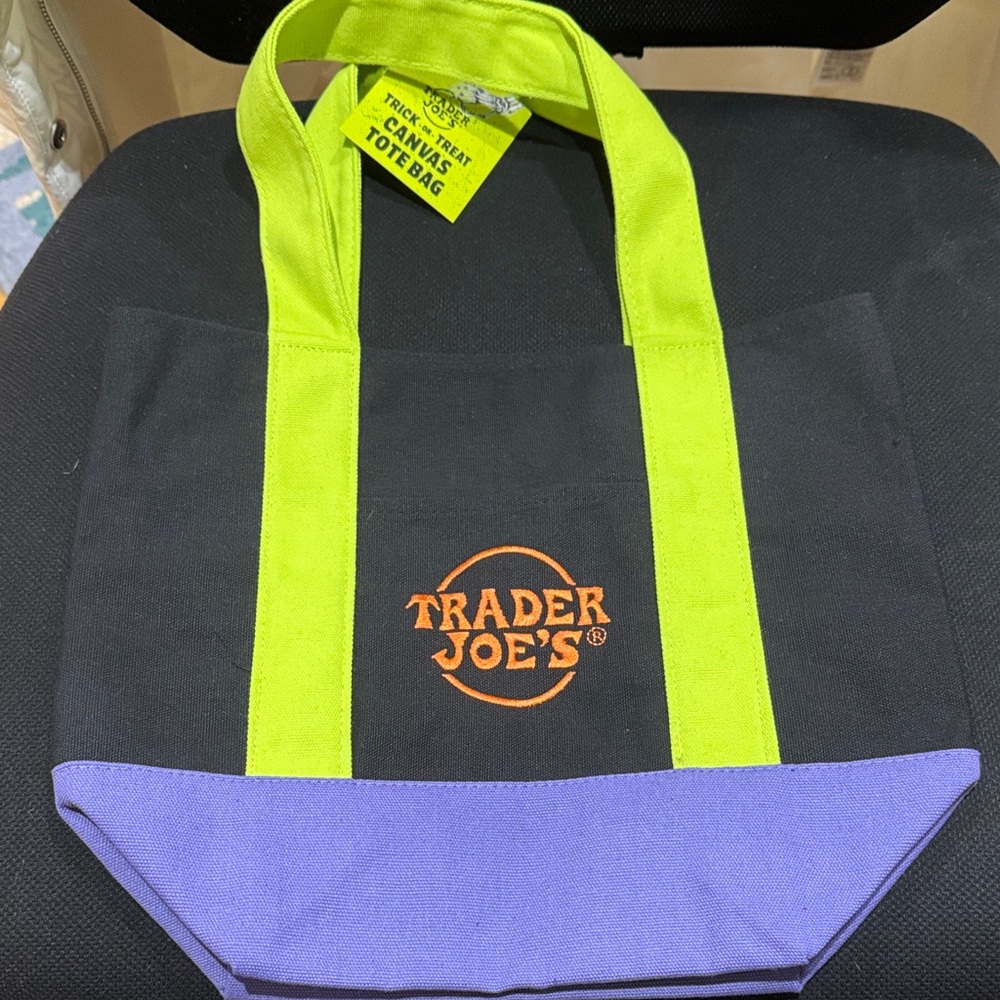 Trader Joe's Canvas Tote Bag with Green and Purple Accents